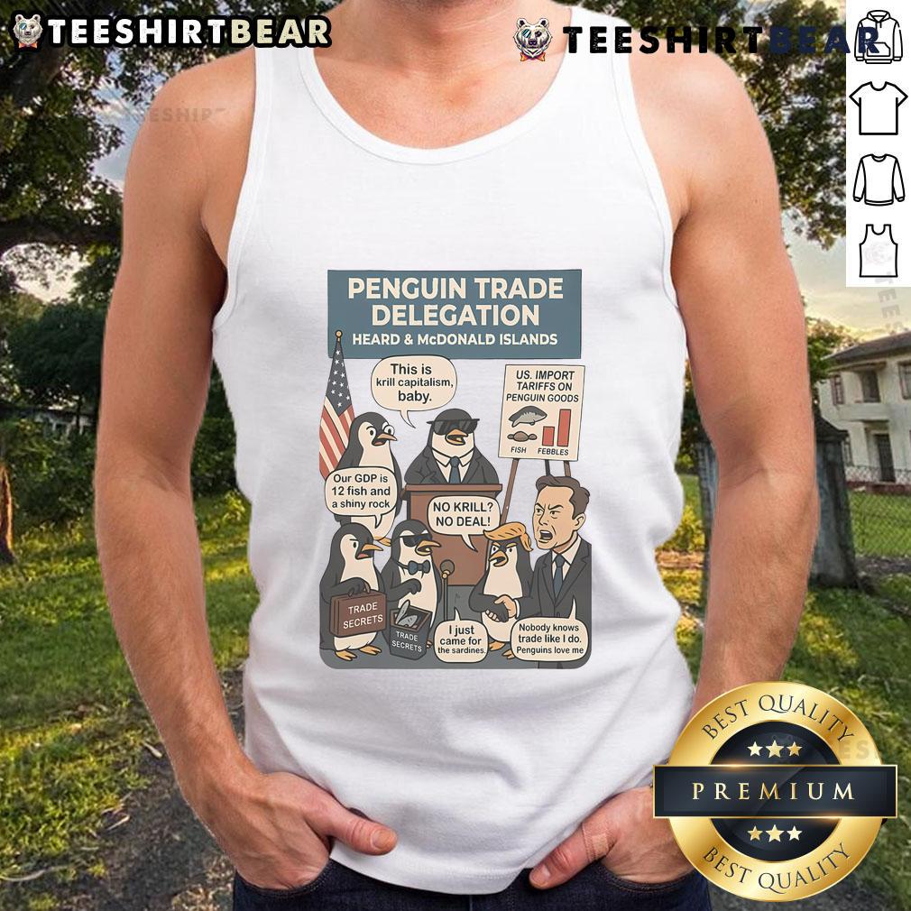 Funny Heard Island penguins on a tank top design, showcasing humor against tariffs with vibrant graphics.