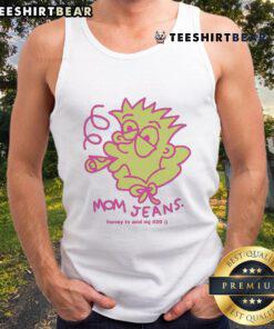 Funny mom jeans with 'Honey' graphic, paired with a Bart Simpson smoking tank top for a trendy, casual look.