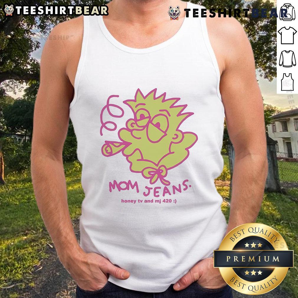 Funny mom jeans with 'Honey' graphic, paired with a Bart Simpson smoking tank top for a trendy, casual look.