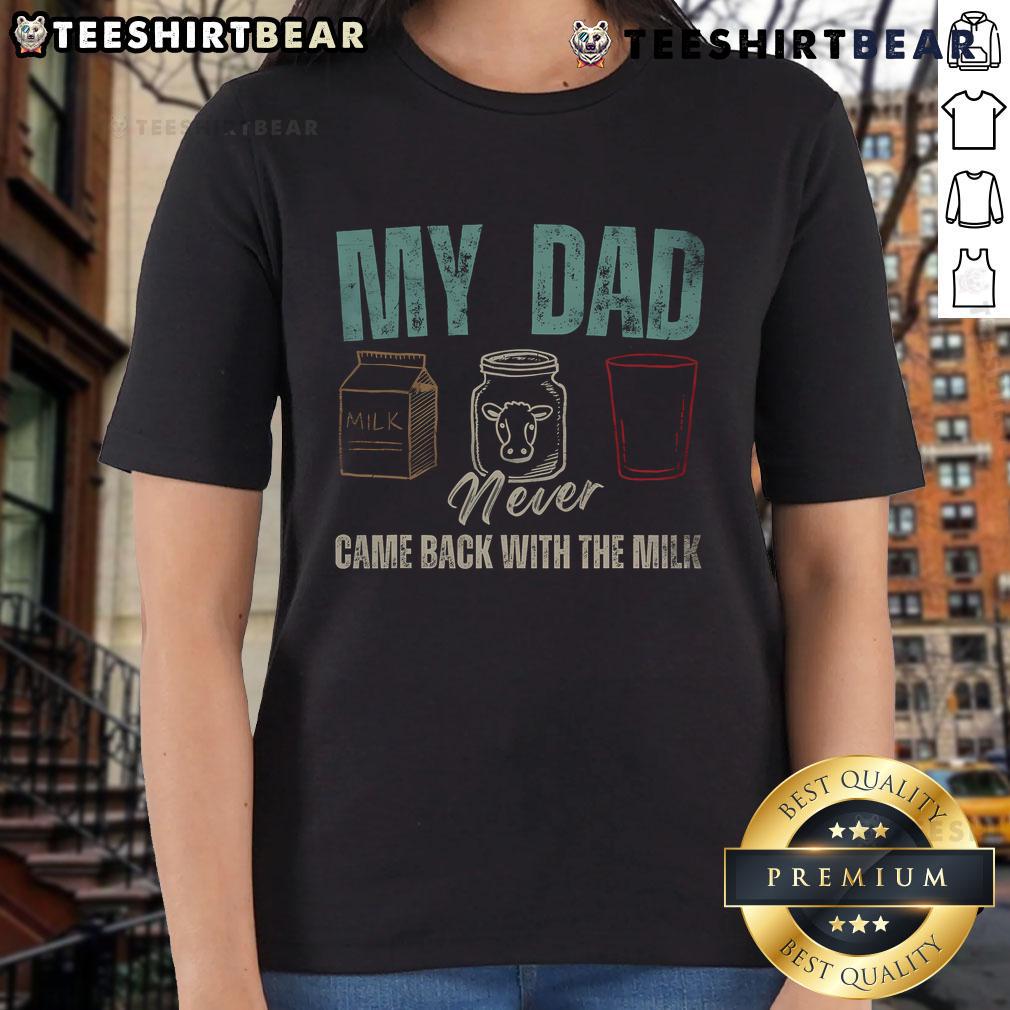 Funny My Dad Never Came Back With The Milk tee for dads, featuring humorous text design perfect for casual wear.
