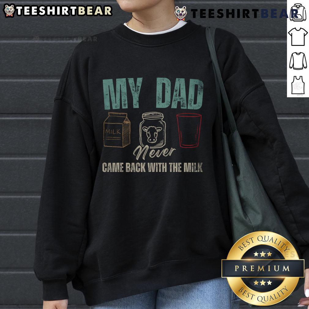 Funny 'My Dad Never Came Back With The Milk' sweatshirt for dads, perfect gift for humorous occasions and dad-themed apparel.