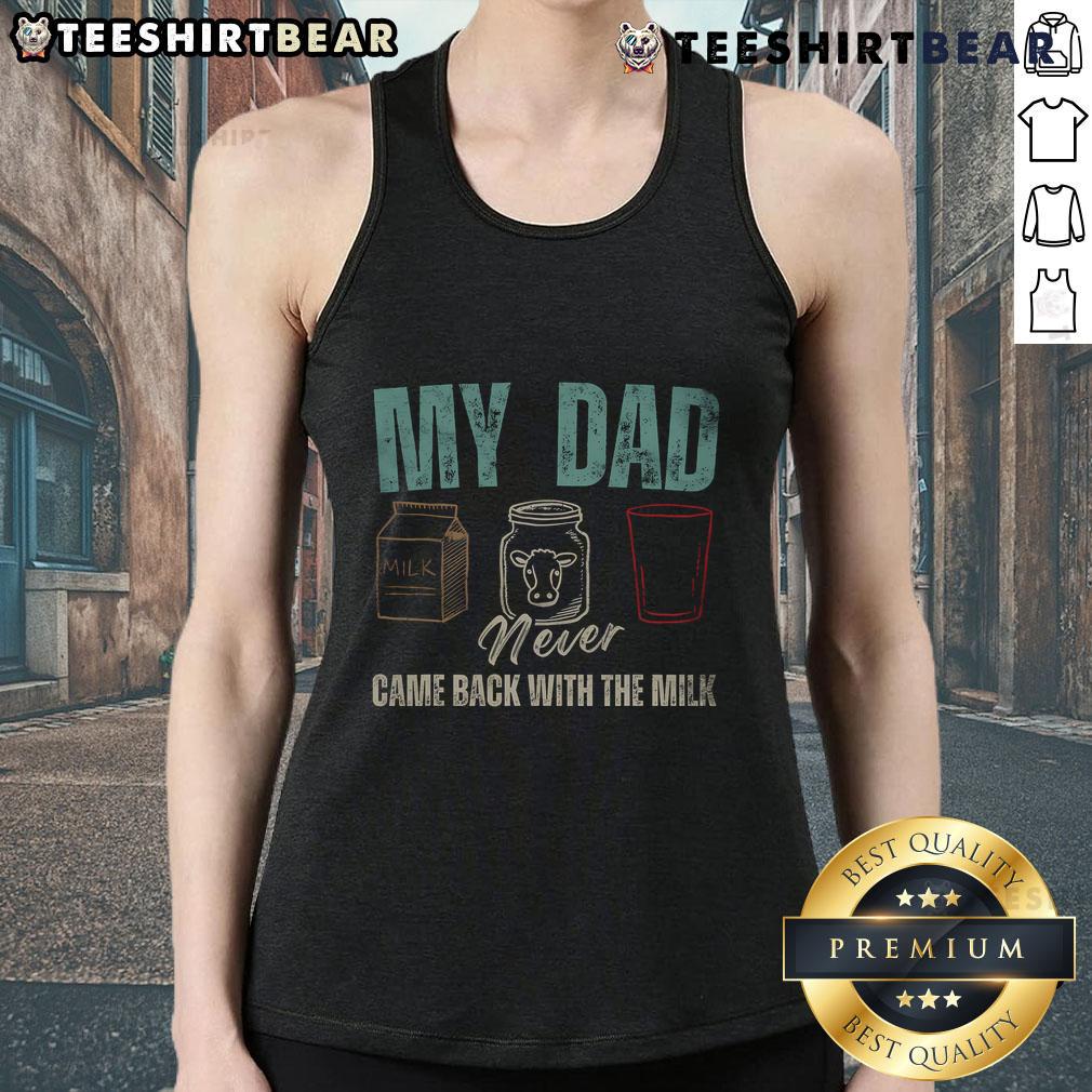 Funny 'My Dad Never Came Back With The Milk' tank top design for dads, perfect for humor-loving families and gifts.