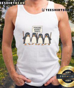 Funny penguin tank top featuring penguins protesting against tariffs in a humorous cartoon style.