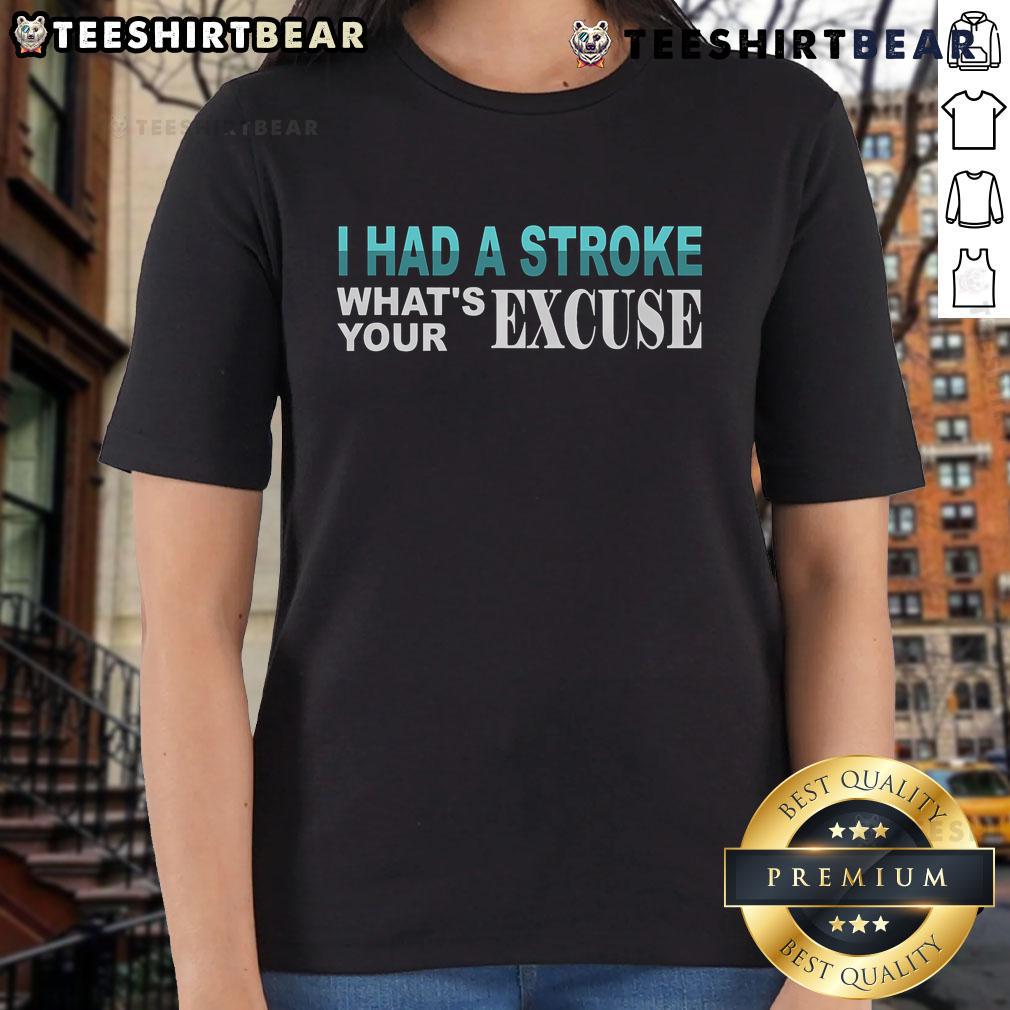 Alt Text: Funny Stroke Survivor shirt with I Had a Stroke, What's Your Excuse? slogan on a women's tee.