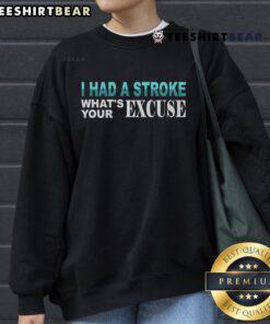 Alt Text: Funny Stroke Survivor sweatshirt with I Had a Stroke, What's Your Excuse? slogan, promoting resilience and humor.