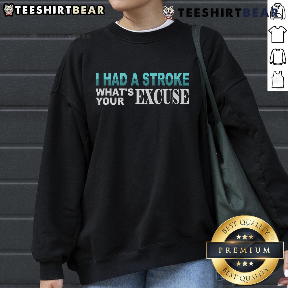 Alt Text: Funny Stroke Survivor sweatshirt with I Had a Stroke, What's Your Excuse? slogan, promoting resilience and humor.