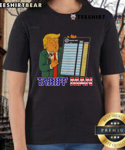 Funny Trump Tariff Man Tour ladies tee featuring a humorous graphic and bold text, perfect for supporters and comedy fans.