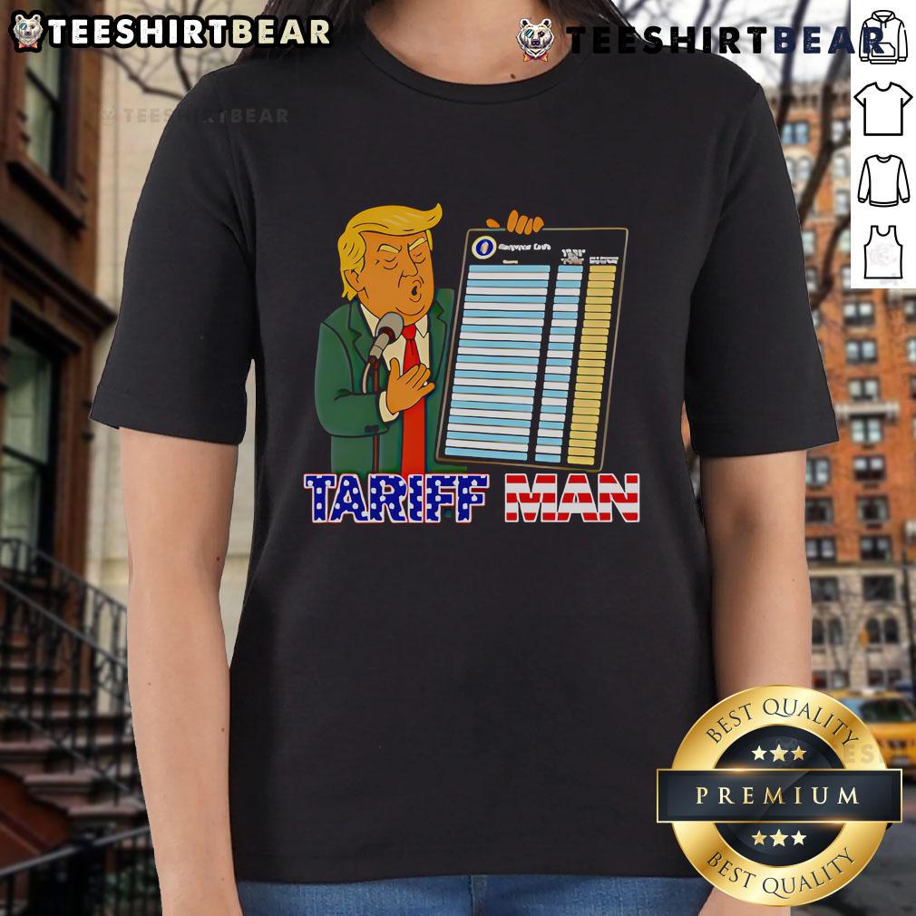 Funny Trump Tariff Man Tour ladies tee featuring a humorous graphic and bold text, perfect for supporters and comedy fans.