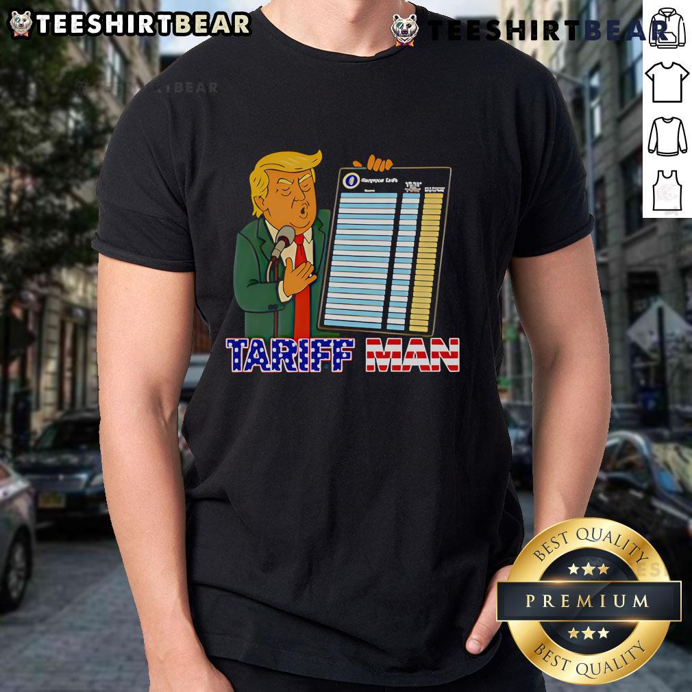 Alt Text: Funny Trump Tariff Man Tour T-Shirt featuring humorous graphics and bold text, perfect for fans of political satire.
