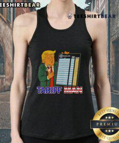 Funny Trump Tariff Man Tour tank top featuring a humorous graphic design and bold colors for a playful political statement.