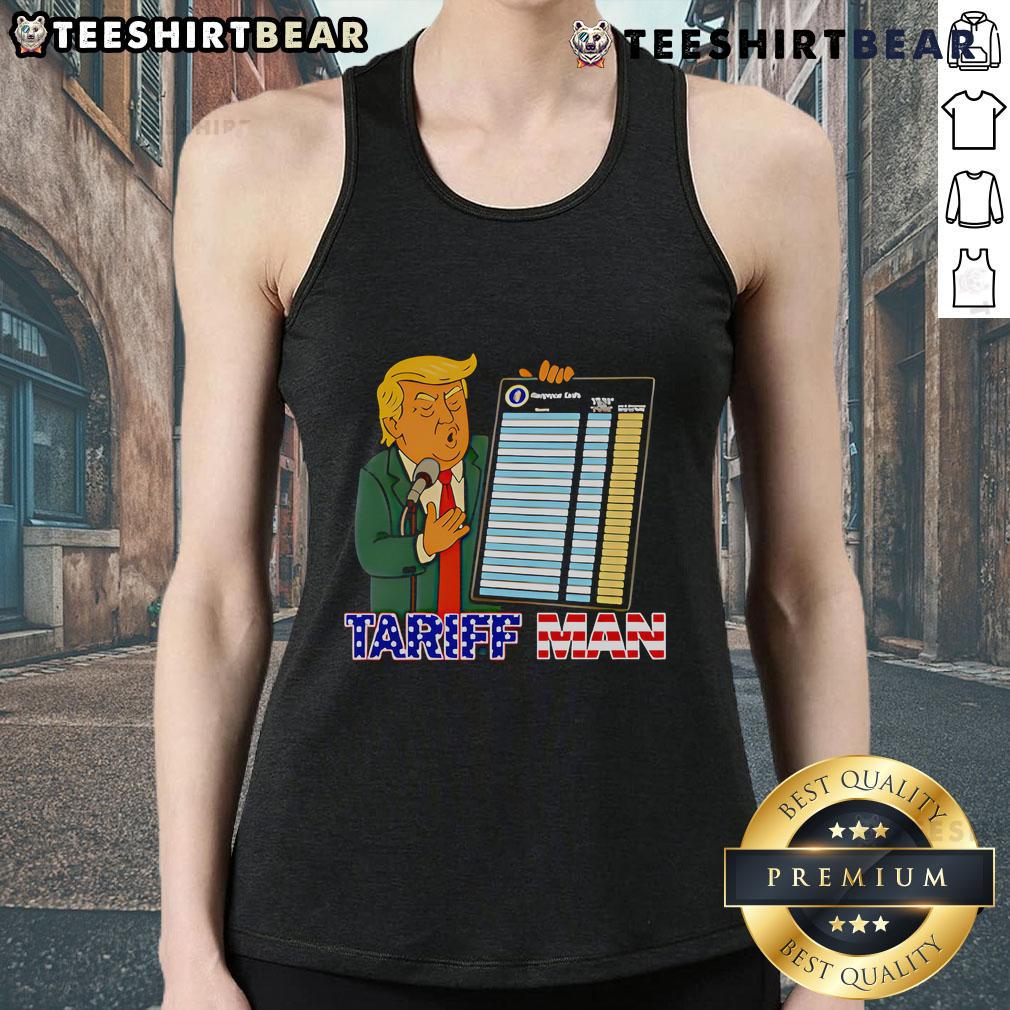 Funny Trump Tariff Man Tour tank top featuring a humorous graphic design and bold colors for a playful political statement.