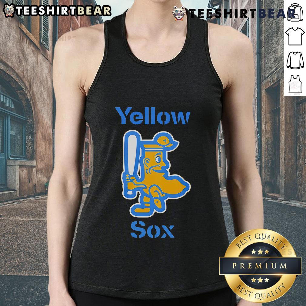 Casual outfit featuring a funny yellow socks tank top, perfect for summer fun and quirky style.