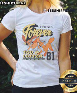 Good Friends Forever Disney The Fox and The Hound Tod and Copper 81 Ladies Tee featuring iconic characters in vibrant colors.