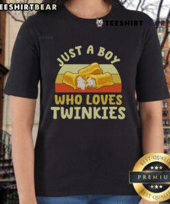 Retro vintage ladies tee featuring 'Good Just A Boy Who Loves Twinkies' slogan, perfect for snack lovers and retro fashion.