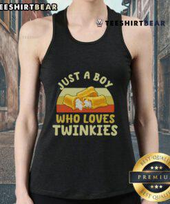 Retro vintage tank top featuring the phrase 'Just a Boy Who Loves Twinkies' for nostalgic snack lovers.