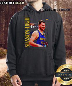 Luka Doncic wearing a hoodie celebrating his 45-point season high for the Los Angeles Lakers in NBA 2025.