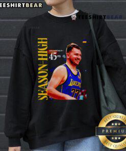 Good Los Angeles Lakers Luka Doncic 45 Season High NBA 2025 sweatshirt featuring team colors and player graphics.