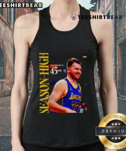 Luka Doncic wearing a 'Good Los Angeles Lakers' tank top after scoring 45 points in a 2025 NBA game.