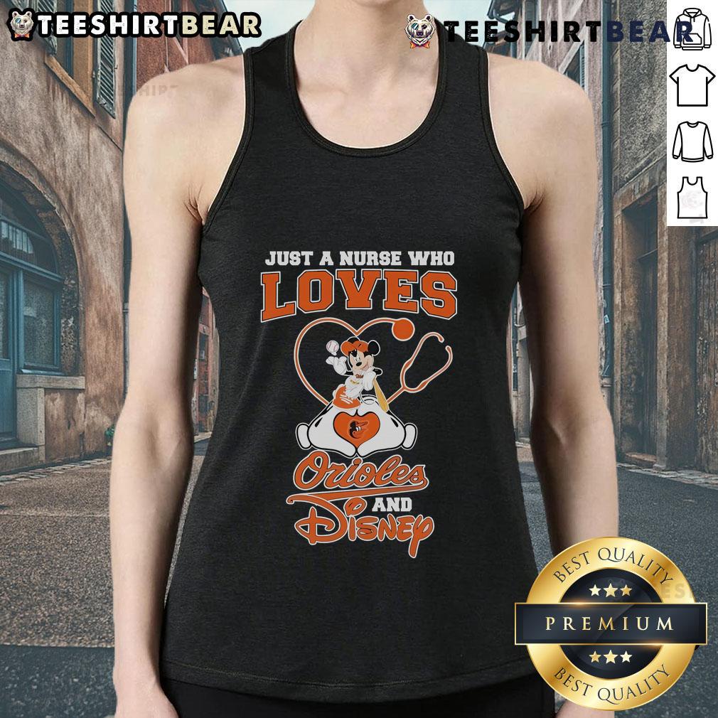 Good Mickey Mouse tank top design for nurses who love Baltimore Orioles and Disney, showcasing playful style and fandom.