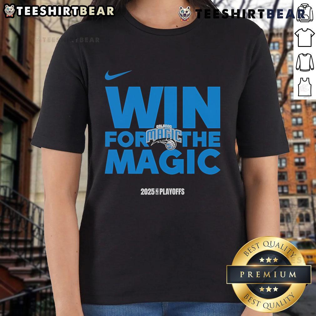 Orlando Magic 2025 ladies tee celebrating a good NBA playoffs win, featuring team colors and logo in stylish design.