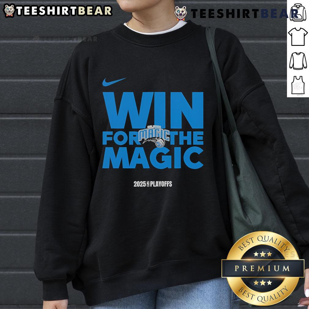 Orlando Magic 2025 sweatshirt celebrating a good NBA playoffs win, showcasing team colors and logo for fans.