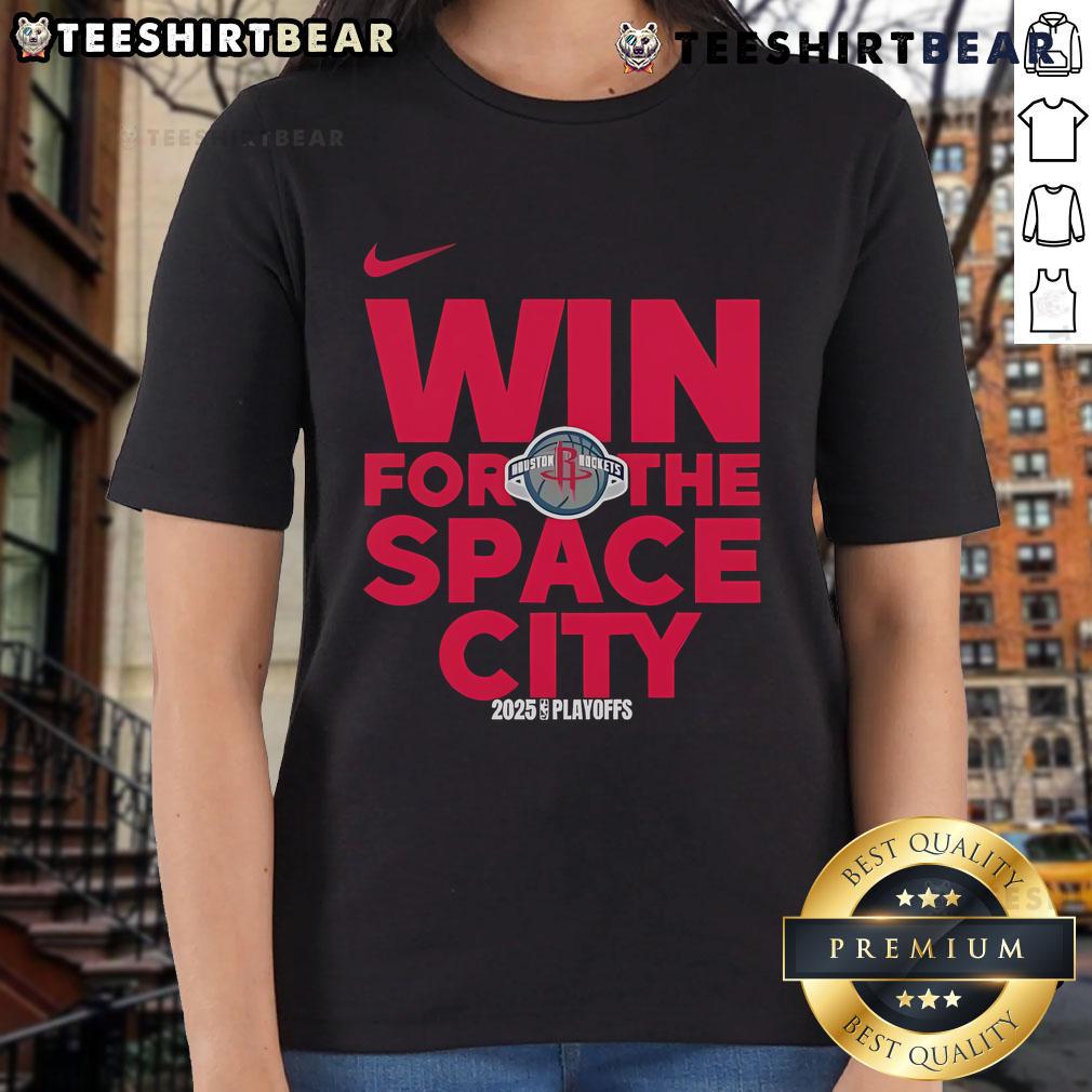 2025 Houston Rockets logo on a ladies tee celebrating a good NBA playoffs win in Space City.
