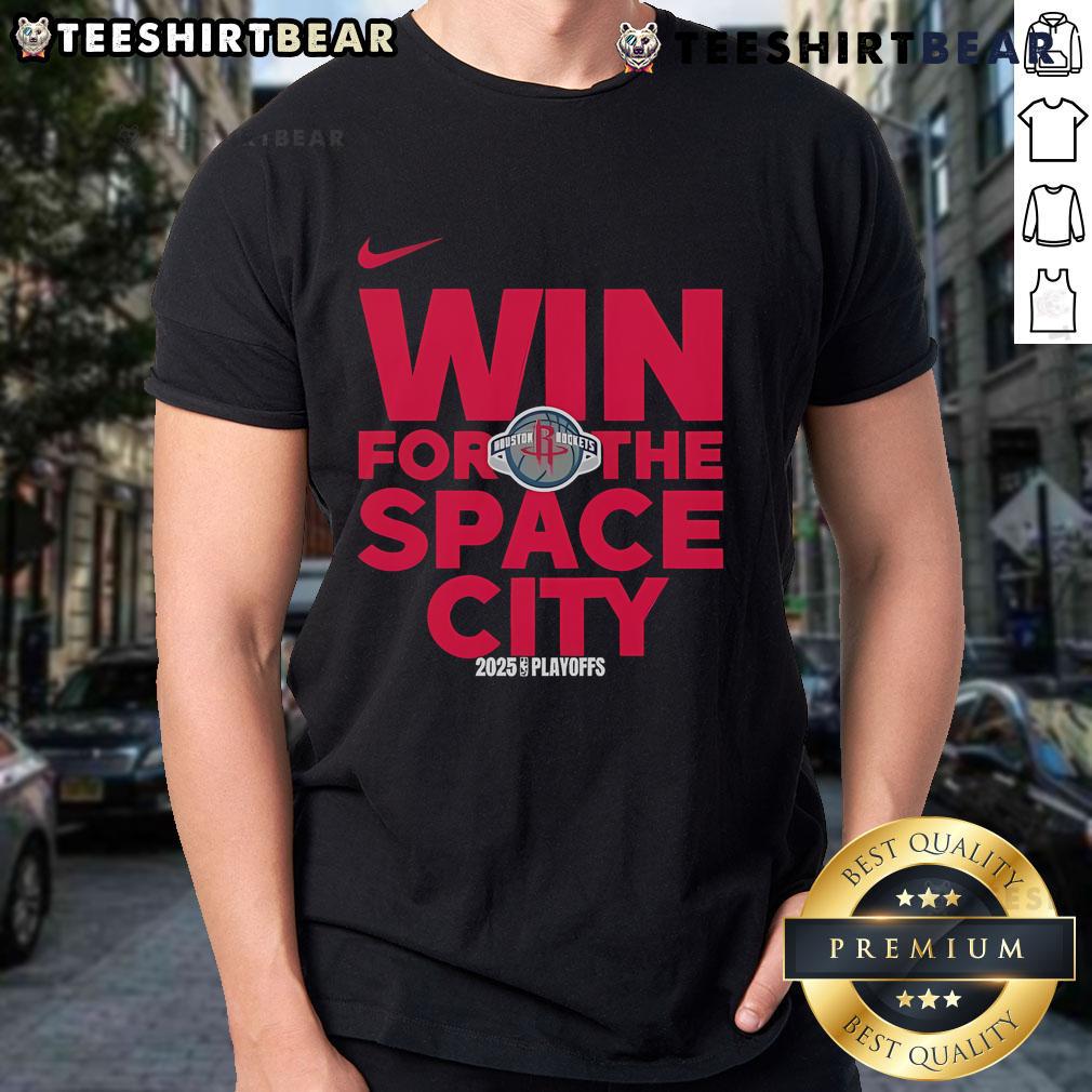 Alt Text: 2025 Houston Rockets logo t-shirt celebrating a good NBA playoffs win for Space City fans.