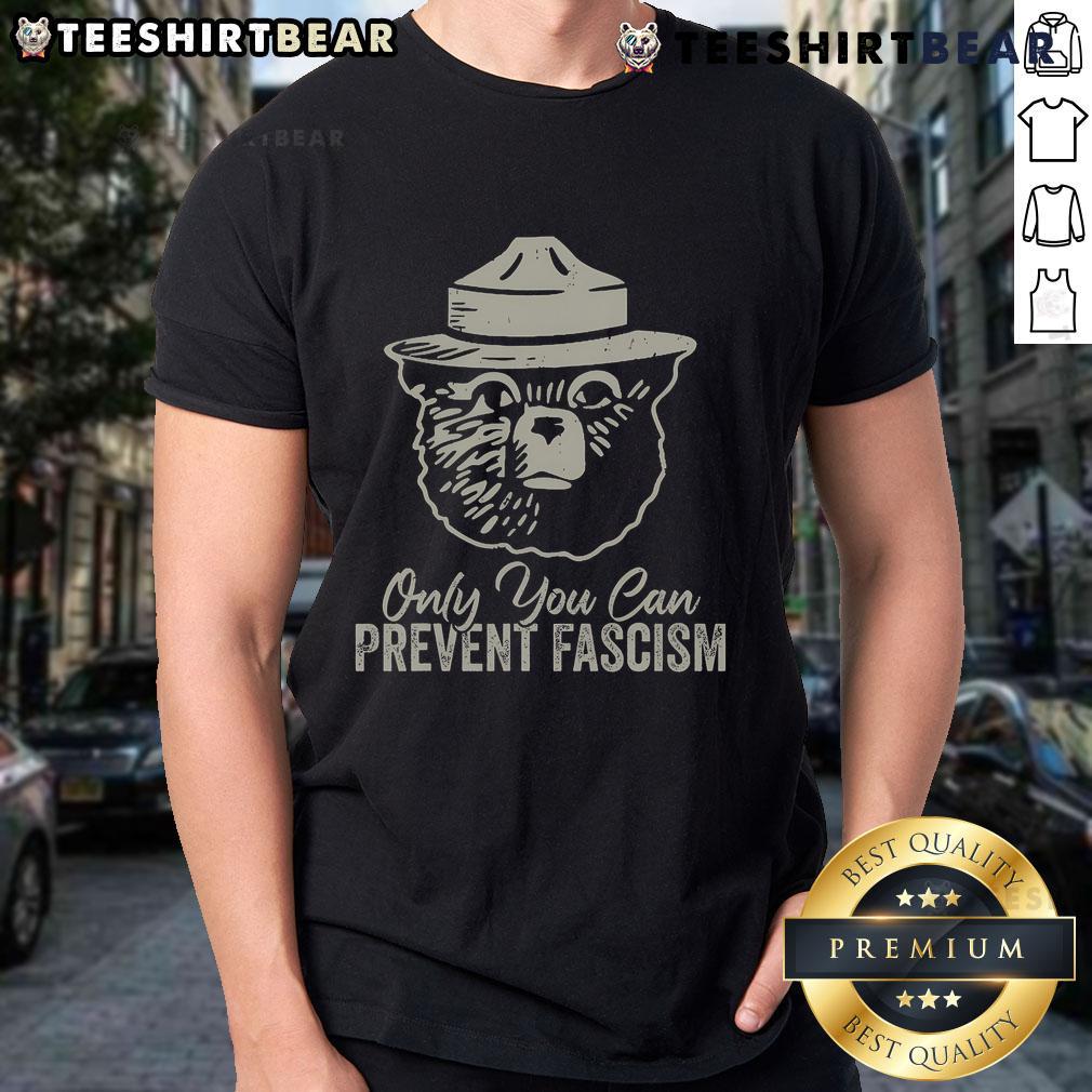 Good Only You Can Prevent Fascism Bear graphic on a Resist National Parks T-shirt promoting environmental activism.