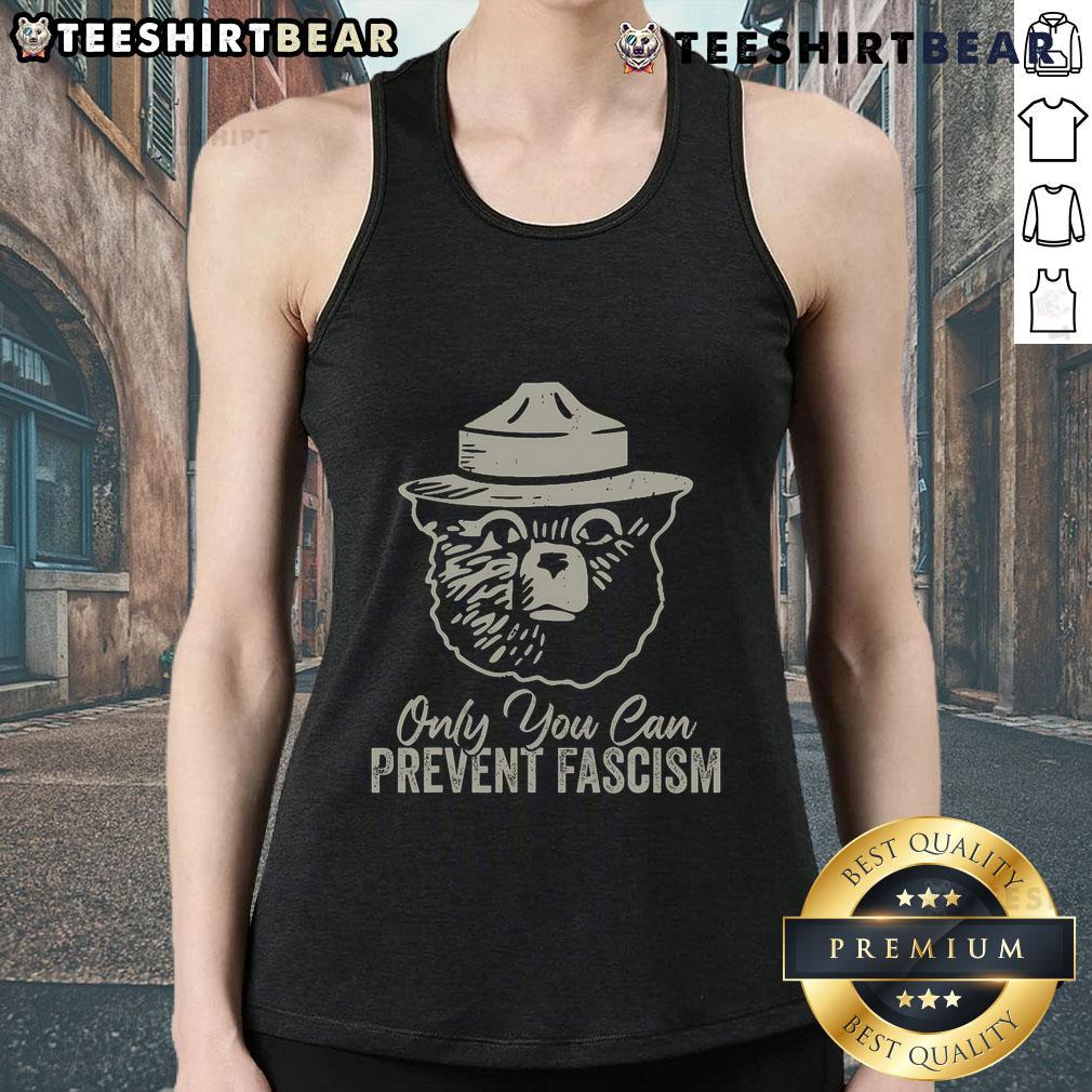 Alt Text: Good Only You Can Prevent Fascism Bear Resist National Parks tank top featuring a bear graphic and environmental message.
