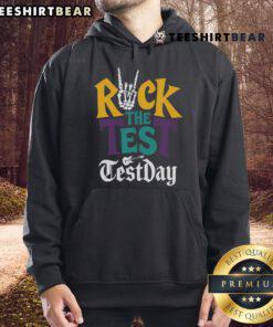 Good Rock The Test hoodie featuring a hand skeleton design, perfect for teachers and students on testing day.