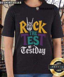 Good Rock The Test Testing Day shirt featuring a hand skeleton design, ideal for teachers and students.