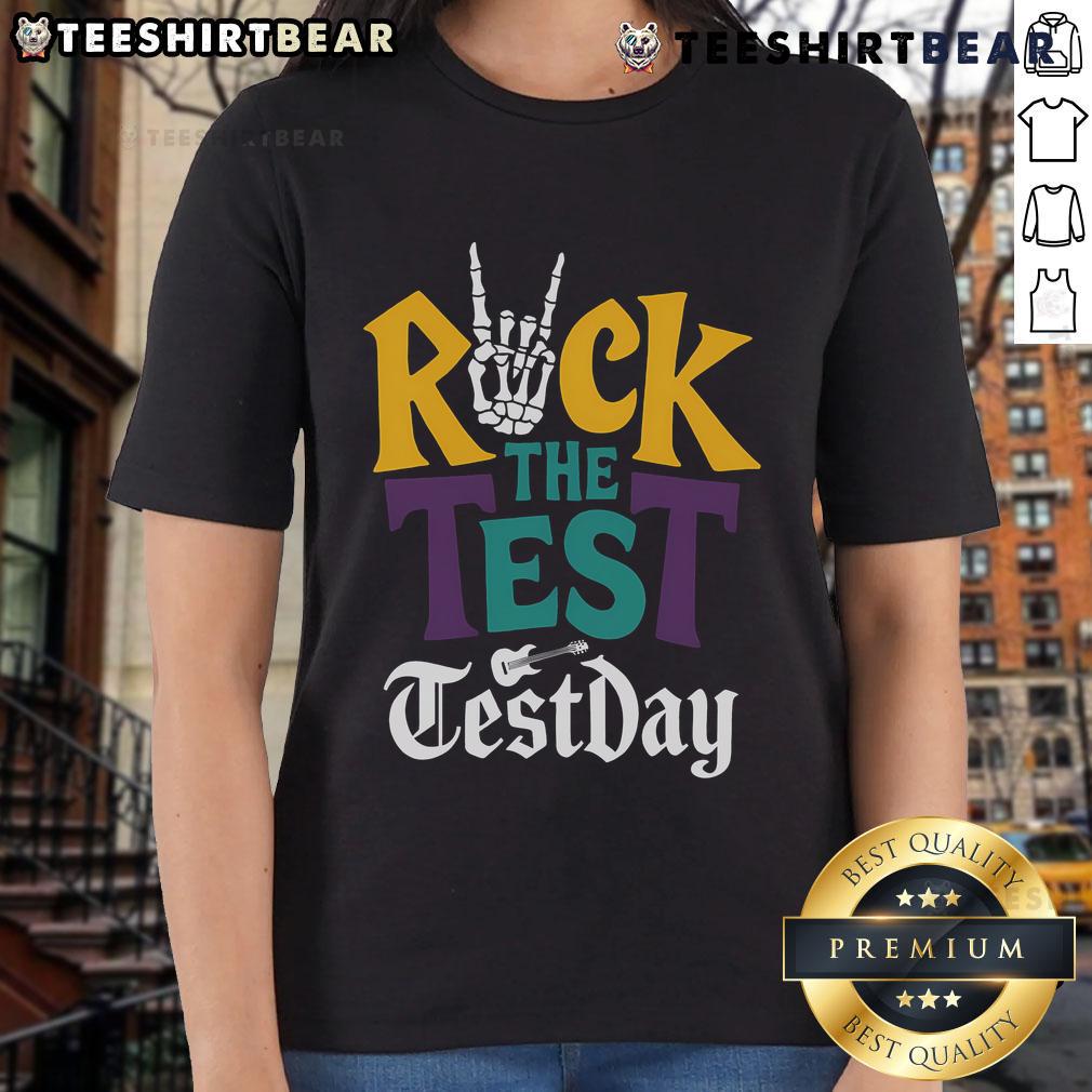 Good Rock The Test Testing Day shirt featuring a hand skeleton design, ideal for teachers and students.