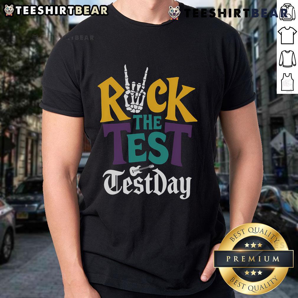 Good Rock The Test T-Shirt featuring a hand skeleton design for teachers and students on testing day.