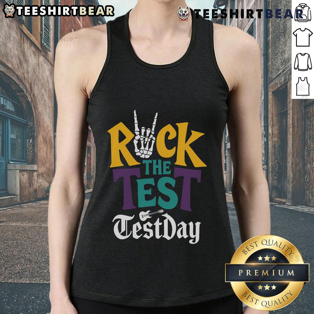Teacher and student in 'Good Rock the Test' tank tops show hand skeletons on Testing Day, promoting fun learning.