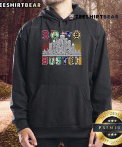 Alt Text: Boston skyline with sports team players wearing 'Good Skyline' hoodies, showcasing team spirit and city pride.
