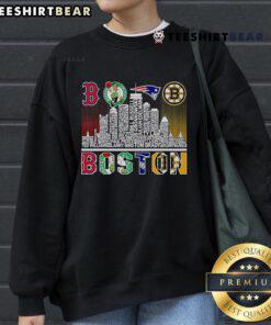 Good Skyline Boston sports team players name sweatshirt featuring iconic city skyline and team logos.