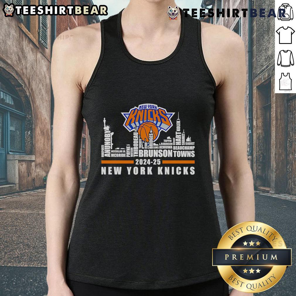 New York Knicks 2024-25 players tank top featuring skyline design, perfect for fans and sports apparel enthusiasts.