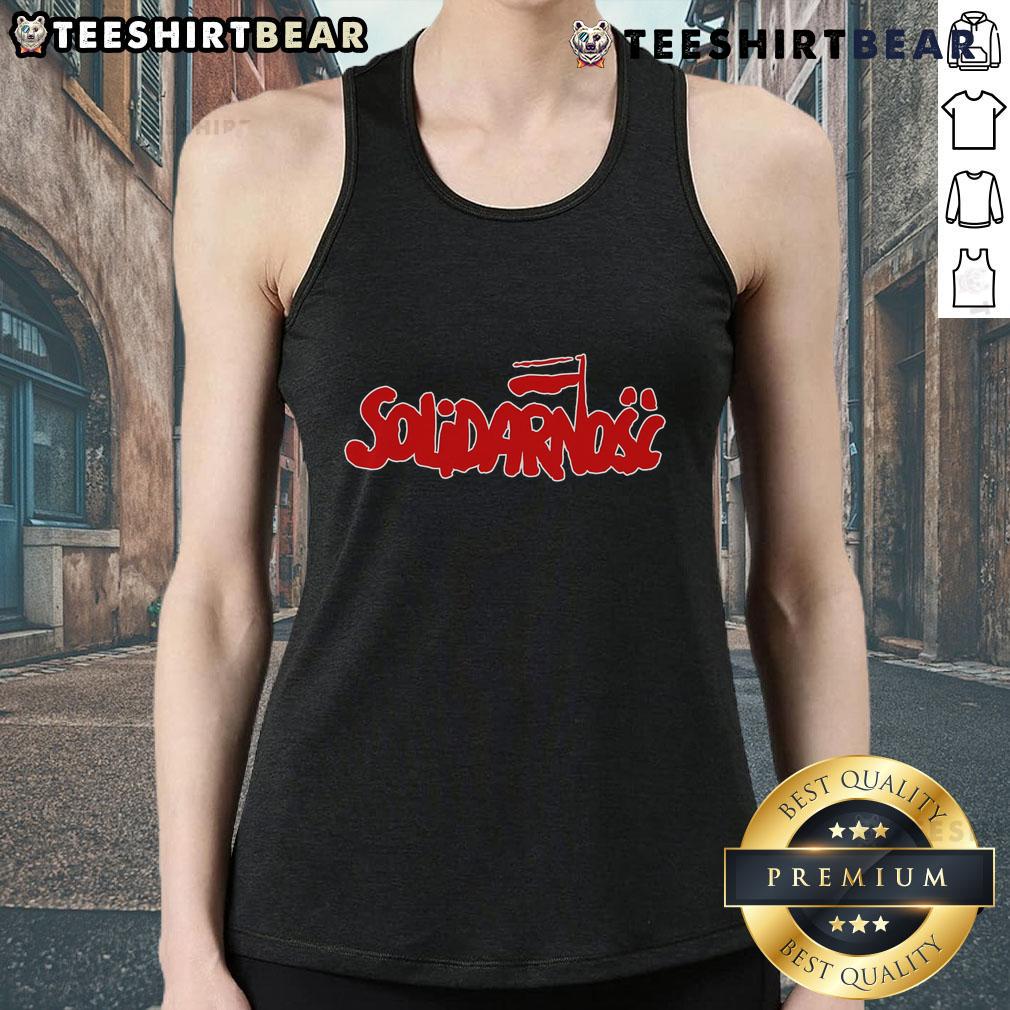 Alt Text: 1980s Polish trade union tank top featuring Good Solidarity Solidarnosc logo, symbolizing workers' rights and activism.