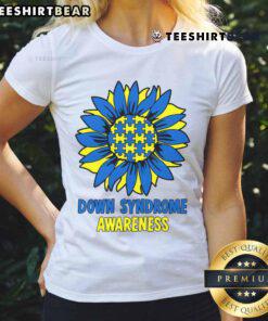Good Sunflower Down Syndrome Awareness Ladies Tee featuring a vibrant sunflower design promoting inclusivity and support.