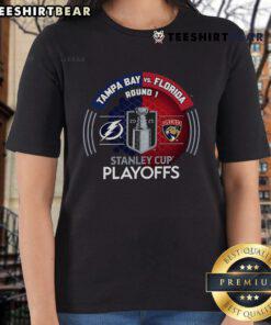 Good Tampa Bay Lightning vs Florida Panthers 2025 Stanley Cup Playoffs Ladies Tee showcasing team colors and logo design.