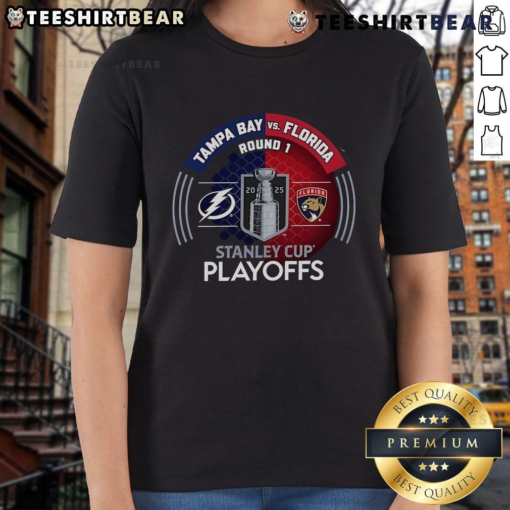 Good Tampa Bay Lightning vs Florida Panthers 2025 Stanley Cup Playoffs Ladies Tee showcasing team colors and logo design.