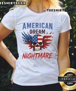 Hot American Dream Nightmare ladies tee featuring a skull and flag design, perfect for bold fashion statements.