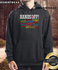Alt Text: Hot Hands Off Protest hoodie highlighting Social Security and Medicare resistance message in bold lettering.