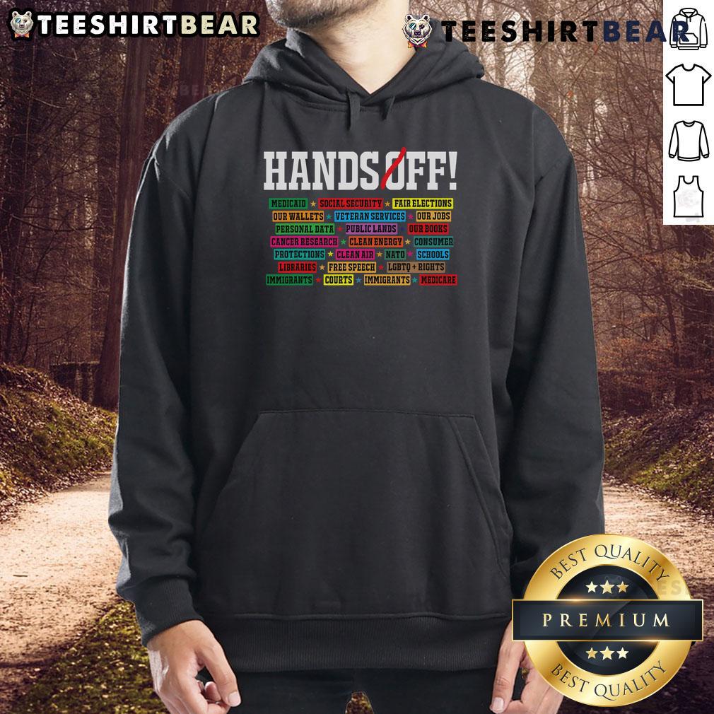 Alt Text: Hot Hands Off Protest hoodie highlighting Social Security and Medicare resistance message in bold lettering.