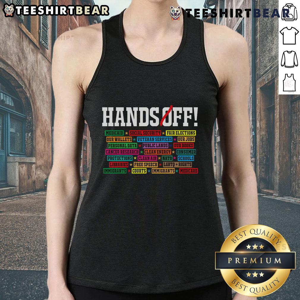Hot Hands Off Protest tank top featuring Social Security and Medicare resistance slogan, promoting healthcare advocacy.