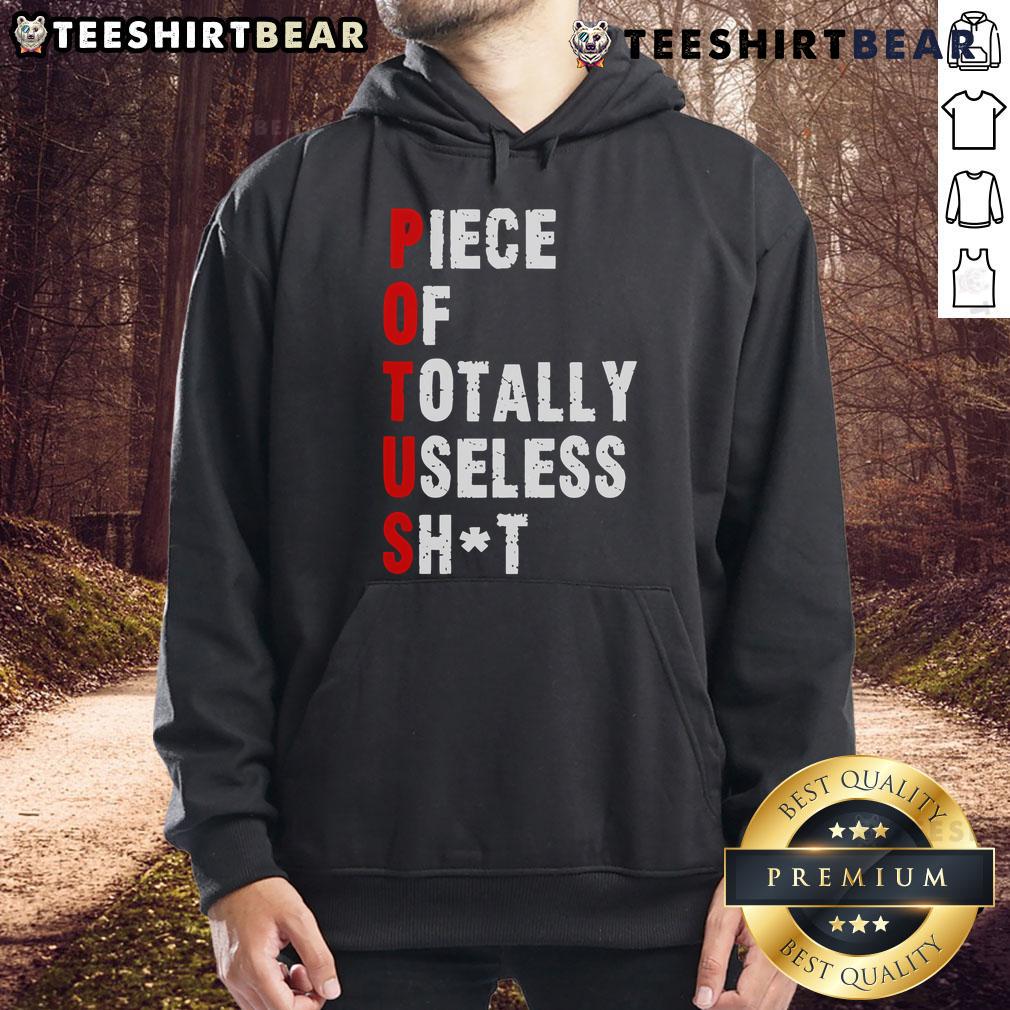 Funny Trump hoodie design labeled 'Hot Piece of Totally Useless Shit' for humorous apparel enthusiasts.