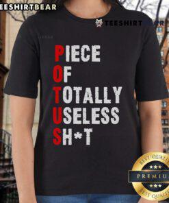 Hot Piece of Totally Useless Shit Trump Ladies Tee featuring bold graphic design and vibrant colors on a casual shirt.