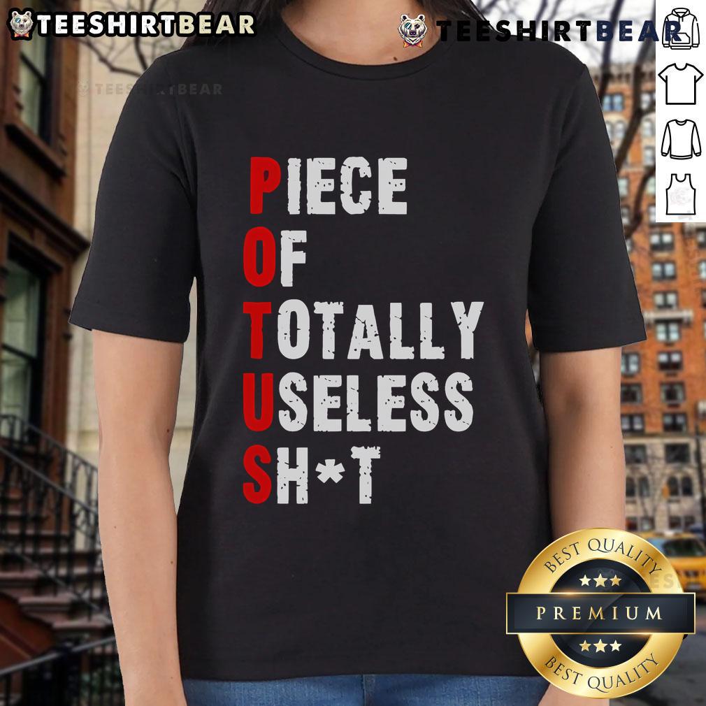 Hot Piece of Totally Useless Shit Trump Ladies Tee featuring bold graphic design and vibrant colors on a casual shirt.