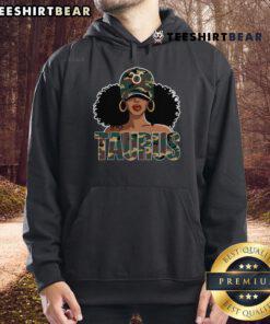 Alt Text: Black woman wearing a Hot Taurus Queen camo birthday hoodie, showcasing her zodiac sign in a stylish design.