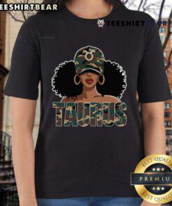 Alt Text: Stylish black woman wearing a camo birthday tee featuring the Taurus zodiac sign, perfect for Taurus queens.